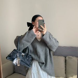 Washed Denim Retro Handheld Underarm Bag with Mirror Pendant – Fashionable Y2K Shoulder Bag for Women