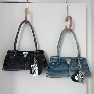 Washed Denim Retro Handheld Underarm Bag with Mirror Pendant – Fashionable Y2K Shoulder Bag for Women