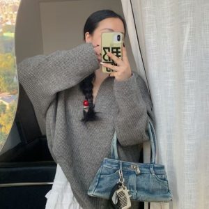 Washed Denim Retro Handheld Underarm Bag with Mirror Pendant – Fashionable Y2K Shoulder Bag for Women
