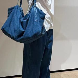 Washed Denim Tote Bag for Women - Versatile Shoulder & Crossbody Style, Large Capacity Commuter Handbag for Everyday Use