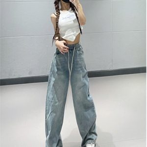 Water-Washed Blue Denim Loose Wide-Leg Pants for Women - Elastic Waist, Slimming Fit, Summer 2023 Fashion
