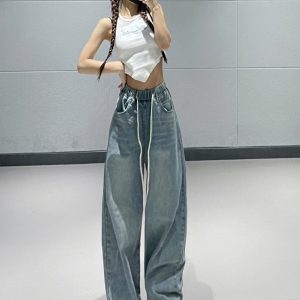 Water-Washed Blue Denim Loose Wide-Leg Pants for Women - Elastic Waist, Slimming Fit, Summer 2023 Fashion