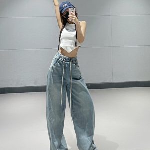 Water-Washed Blue Denim Loose Wide-Leg Pants for Women - Elastic Waist, Slimming Fit, Summer 2023 Fashion