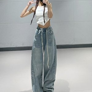 Water-Washed Blue Denim Loose Wide-Leg Pants for Women - Elastic Waist, Slimming Fit, Summer 2023 Fashion