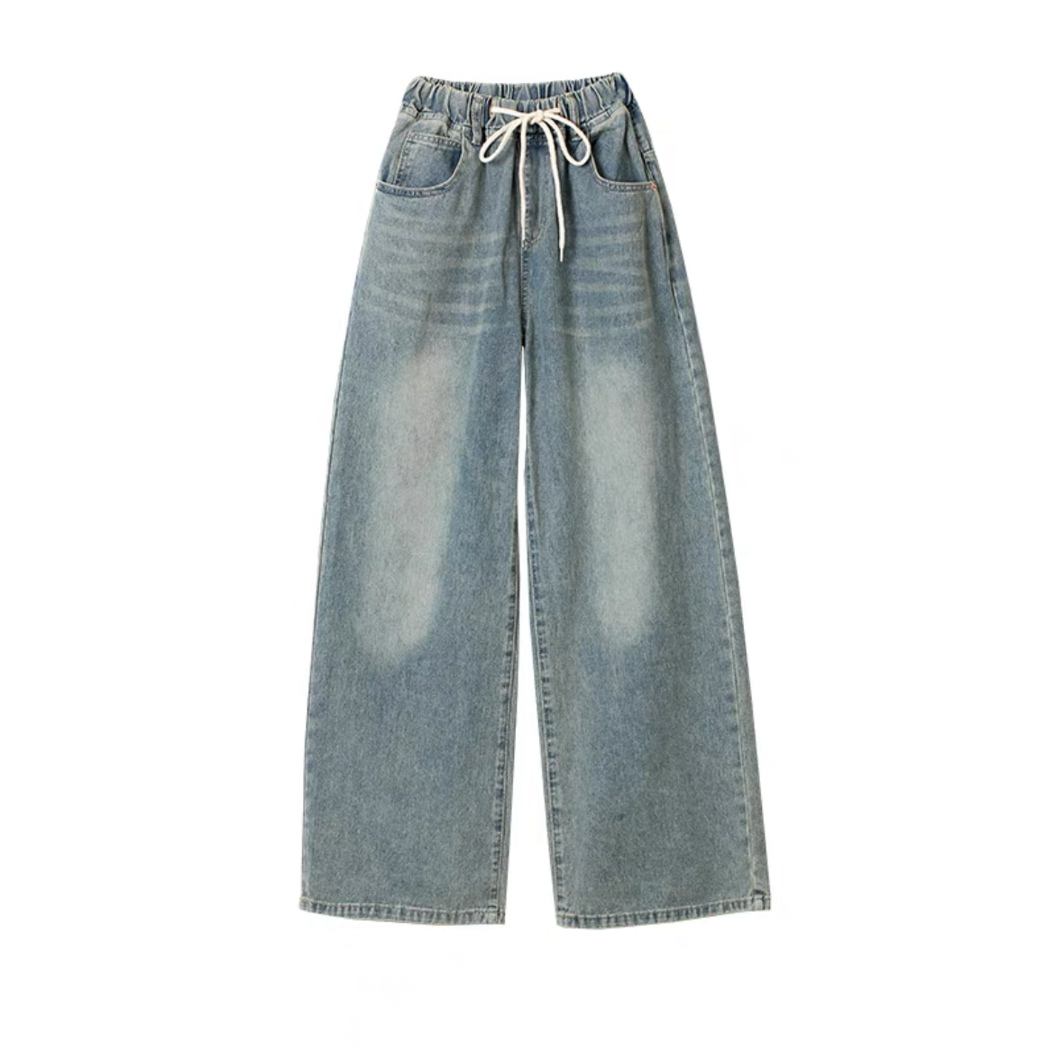 Water-Washed Blue Denim Loose Wide-Leg Pants for Women - Elastic Waist, Slimming Fit, Summer 2023 Fashion