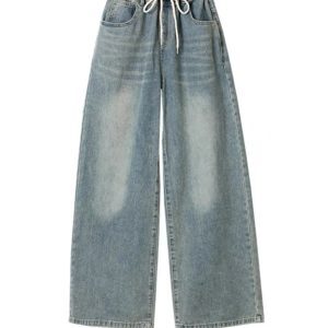 Water-Washed Blue Denim Loose Wide-Leg Pants for Women - Elastic Waist, Slimming Fit, Summer 2023 Fashion