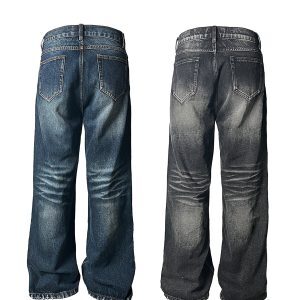 Water Wave Pattern Loose Straight Micro Flare Jeans - 90s Inspired Denim for Trendy Casual Style
