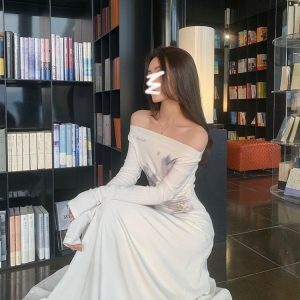 Watercolor Blue Gradient Off-the-Shoulder Fleece Knit Dress for Women - Stylish Spring Autumn Winter Fashion