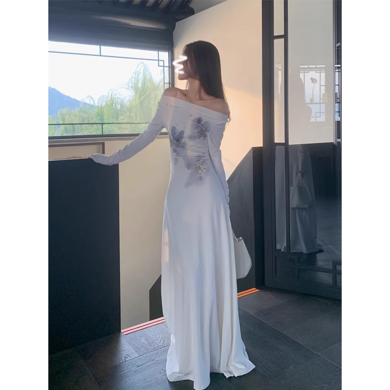 Watercolor Blue Gradient Off-the-Shoulder Fleece Knit Dress for Women - Stylish Spring Autumn Winter Fashion