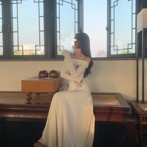 Watercolor Blue Gradient Off-the-Shoulder Fleece Knit Dress for Women - Stylish Spring Autumn Winter Fashion