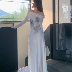 Watercolor Blue Gradient Off-the-Shoulder Fleece Knit Dress for Women - Stylish Spring Autumn Winter Fashion