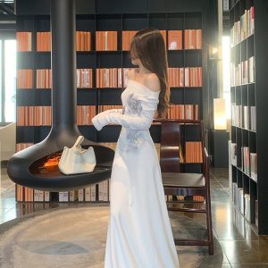 Watercolor Blue Gradient Off-the-Shoulder Fleece Knit Dress for Women - Stylish Spring Autumn Winter Fashion