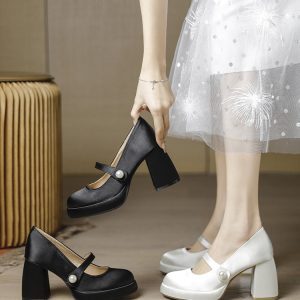 Waterproof Chunky Platform High Heels for Women, Round Toe Mary Jane Wedding Shoes, Thick Sole, Large Size 42-43