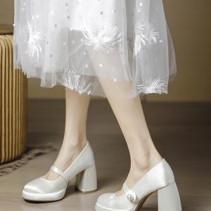 Waterproof Chunky Platform High Heels for Women, Round Toe Mary Jane Wedding Shoes, Thick Sole, Large Size 42-43