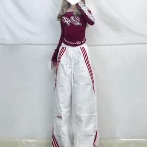 White and Red K-Pop Cargo Pants for Women - Three Stripes Straight-Leg Casual Long Trousers - Trendy Jazz Dance Style