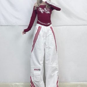 White and Red K-Pop Cargo Pants for Women - Three Stripes Straight-Leg Casual Long Trousers - Trendy Jazz Dance Style