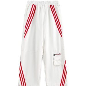 White and Red K-Pop Cargo Pants for Women - Three Stripes Straight-Leg Casual Long Trousers - Trendy Jazz Dance Style