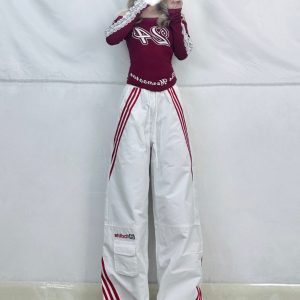 White and Red K-Pop Cargo Pants for Women - Three Stripes Straight-Leg Casual Long Trousers - Trendy Jazz Dance Style