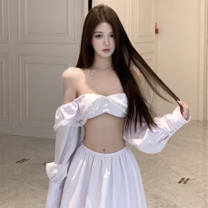 White Bow Strapless Long Sleeve Two-Piece Set with Big Swing Skirt for Beach Vacation - Trendy Island Style Outfit for Women
