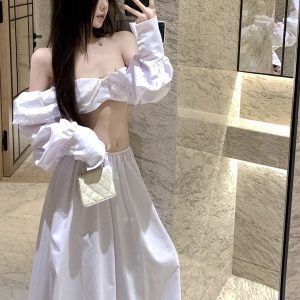 White Bow Strapless Long Sleeve Two-Piece Set with Big Swing Skirt for Beach Vacation - Trendy Island Style Outfit for Women