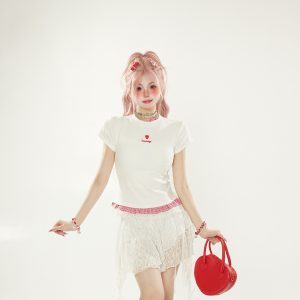 White Checkered Lace Spliced Shoulder Short Sleeve T-Shirt for Women - Summer Dopamine Outfit, Korean Style Slim Fashion Top