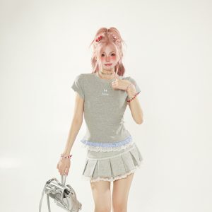 White Checkered Lace Spliced Shoulder Short Sleeve T-Shirt for Women - Summer Dopamine Outfit, Korean Style Slim Fashion Top