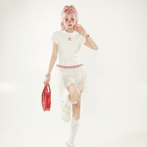 White Checkered Lace Spliced Shoulder Short Sleeve T-Shirt for Women - Summer Dopamine Outfit, Korean Style Slim Fashion Top