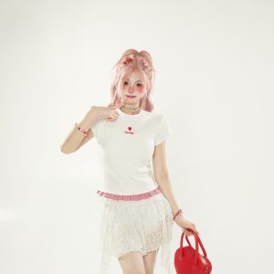 White Checkered Lace Spliced Shoulder Short Sleeve T-Shirt for Women - Summer Dopamine Outfit, Korean Style Slim Fashion Top