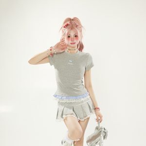 White Checkered Lace Spliced Shoulder Short Sleeve T-Shirt for Women - Summer Dopamine Outfit, Korean Style Slim Fashion Top