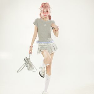 White Checkered Lace Spliced Shoulder Short Sleeve T-Shirt for Women - Summer Dopamine Outfit, Korean Style Slim Fashion Top