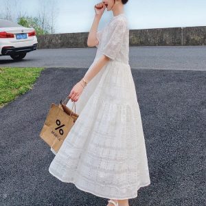 White Chiffon Dress with French Puff Sleeves for Women - Stunning Fairy Long Dress for Summer Beach Vacations 2025