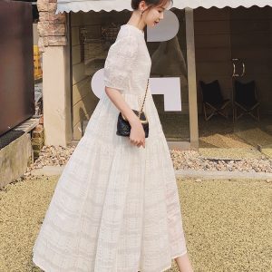 White Chiffon Dress with French Puff Sleeves for Women - Stunning Fairy Long Dress for Summer Beach Vacations 2025