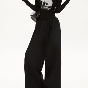 White Elastic Waist Draped Casual Pants for Women - 2025 Loose BF Style Wide-Leg Trousers, Trendy American Fashion