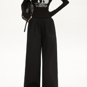 White Elastic Waist Draped Casual Pants for Women - 2025 Loose BF Style Wide-Leg Trousers, Trendy American Fashion