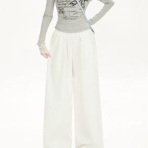White Elastic Waist Draped Casual Pants for Women - 2025 Loose BF Style Wide-Leg Trousers, Trendy American Fashion