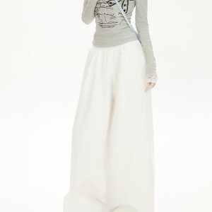 White Elastic Waist Draped Casual Pants for Women - 2025 Loose BF Style Wide-Leg Trousers, Trendy American Fashion