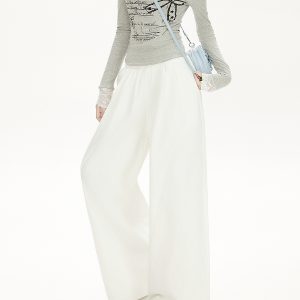 White Elastic Waist Draped Casual Pants for Women - 2025 Loose BF Style Wide-Leg Trousers, Trendy American Fashion