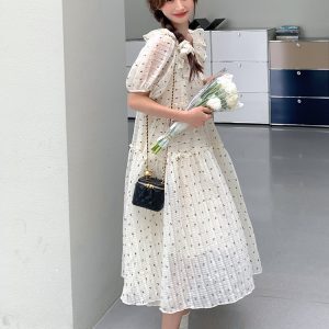 White Floral Chiffon Dress for Women - Summer Square Neck Puff Sleeve Loose Polka Dot Doll Dress, Perfect for 90s Style Looks