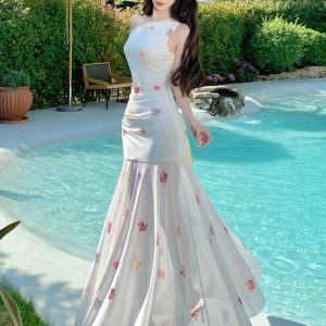 White Floral Off-Shoulder Tulle Dress - Lightweight Flowing French-Style Long Dress for Women - Perfect for Vacation & Summer Events