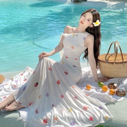 White Floral Off-Shoulder Tulle Dress - Lightweight Flowing French-Style Long Dress for Women - Perfect for Vacation & Summer Events
