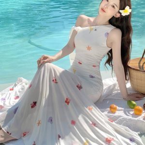 White Floral Off-Shoulder Tulle Dress - Lightweight Flowing French-Style Long Dress for Women - Perfect for Vacation & Summer Events