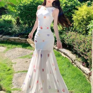 White Floral Off-Shoulder Tulle Dress - Lightweight Flowing French-Style Long Dress for Women - Perfect for Vacation & Summer Events