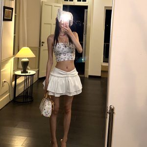 White Flower Bud Pleated Skirt - Simple Anti-Exposure Short Puff Skirt for Girls - Perfect for Hot Girl Summer & 90s Style