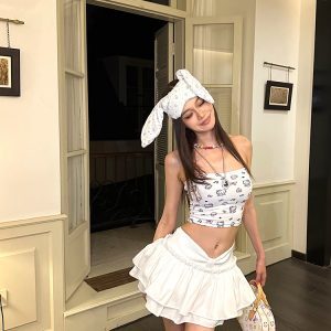 White Flower Bud Pleated Skirt - Simple Anti-Exposure Short Puff Skirt for Girls - Perfect for Hot Girl Summer & 90s Style