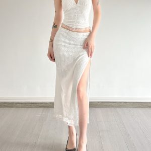 White Halter V-Neck Tank Top and Split Midi Skirt Two-Piece Set - Sexy Hot Girl Style, Trendy Y2K Fashion