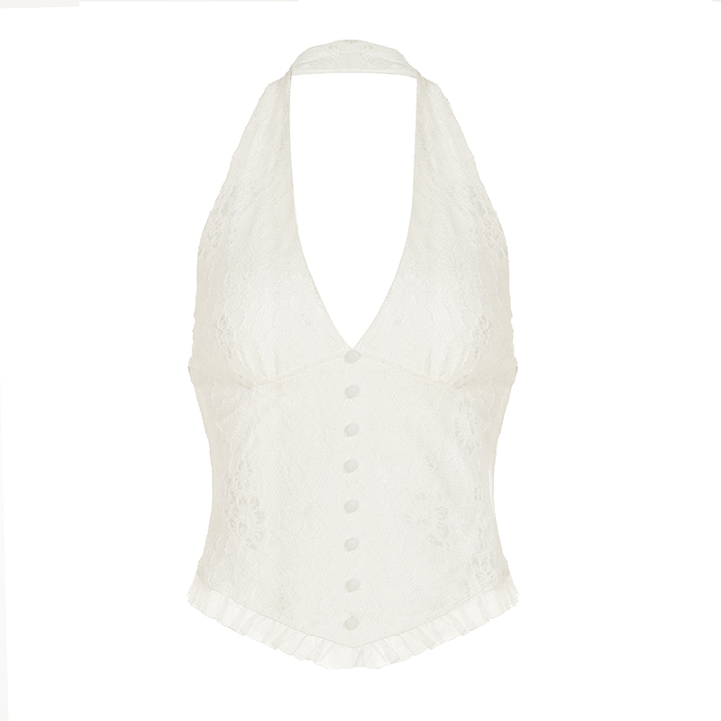 White Halter V-Neck Tank Top and Split Midi Skirt Two-Piece Set - Sexy Hot Girl Style, Trendy Y2K Fashion