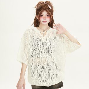 White Hollow Lace Crochet Short-Sleeve T-Shirt for Women – Trendy Loose Knit Summer Top, High-End Niche Fashion