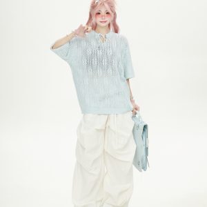 White Hollow Lace Crochet Short-Sleeve T-Shirt for Women – Trendy Loose Knit Summer Top, High-End Niche Fashion