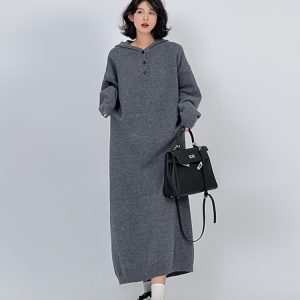White Hooded Long-Sleeve Knitted Sweater Dress for Women - Korean Style, Loose Fit, Over-the-Knee, Autumn Winter Fashion