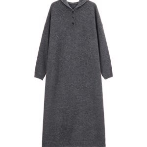 White Hooded Long-Sleeve Knitted Sweater Dress for Women - Korean Style, Loose Fit, Over-the-Knee, Autumn Winter Fashion